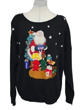 VTG Work in Progress Gladys Bagley Black Ugly Christmas Sweater 20W Santa Holida